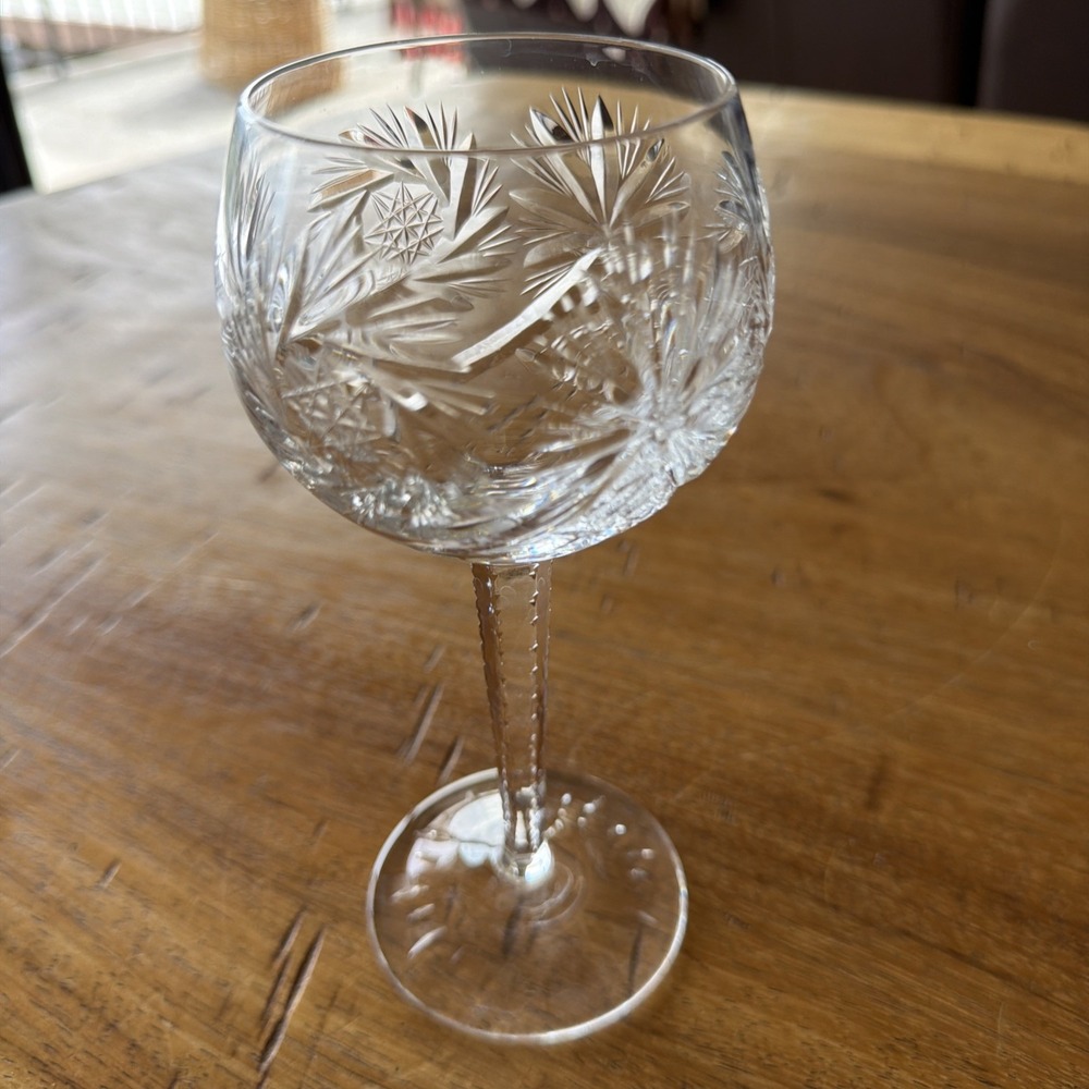 Vintage Crystal Pinwheel Starburst MCM Wine Glass Heavy Hexagon Stem
